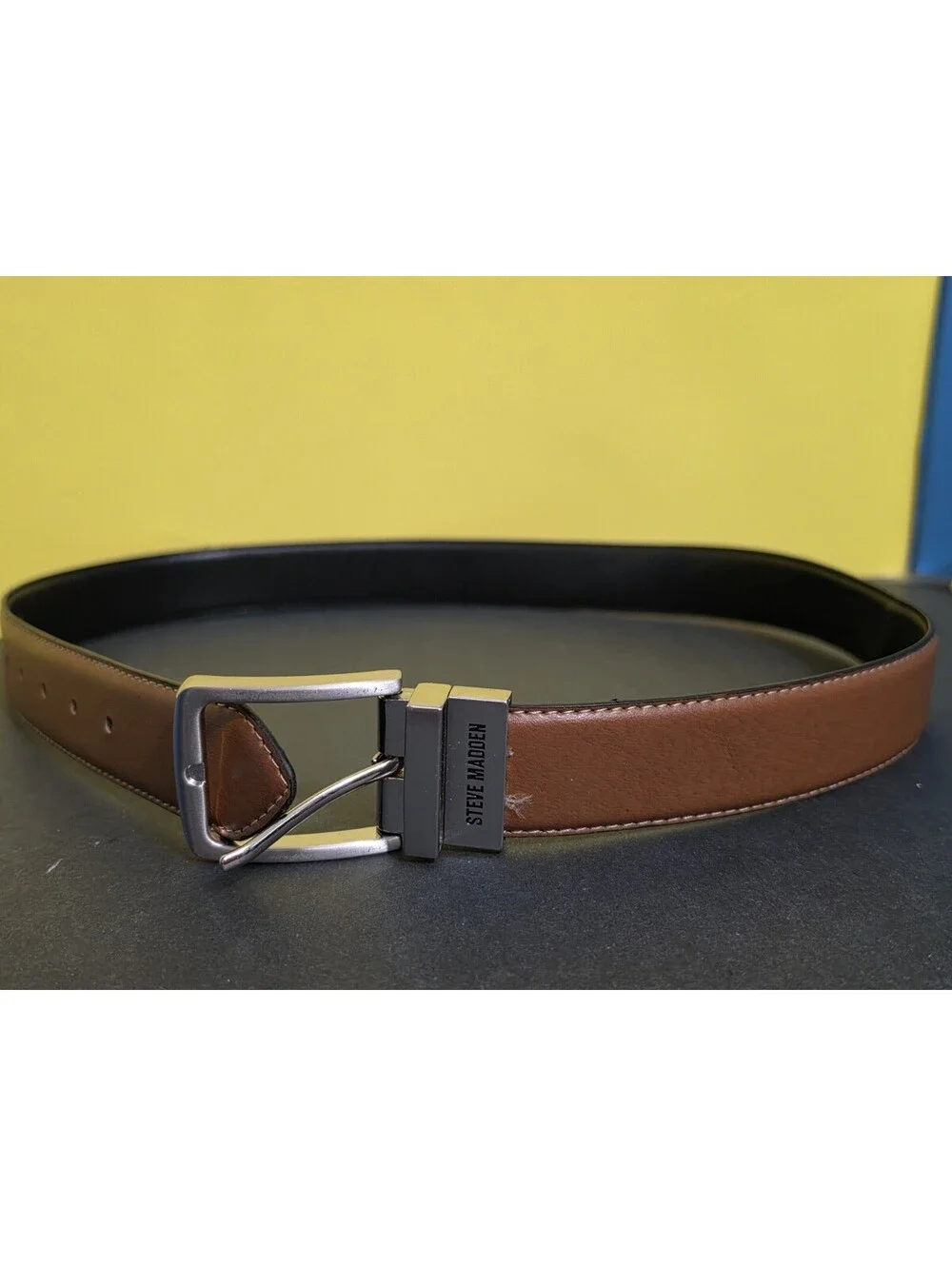 Steve Madden Leather Reversable Belt Black Brown Silvertone Buckle Size 32
